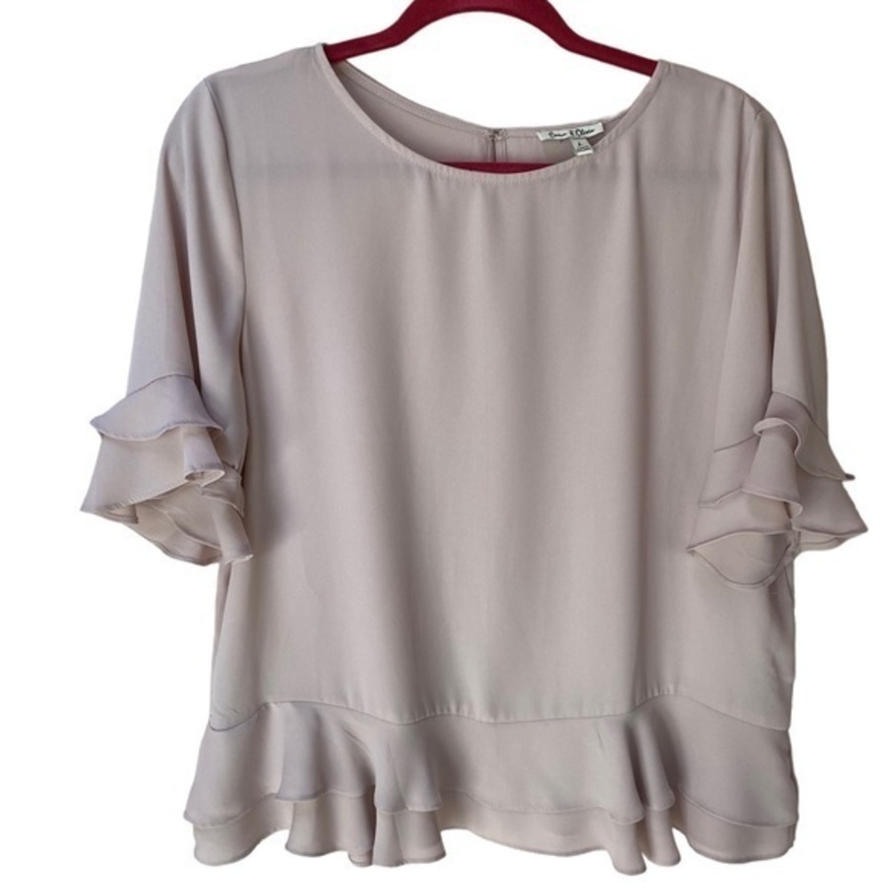 Emma & Olivia beige vanilla double ruffle short sleeve blouse top keyhole back L